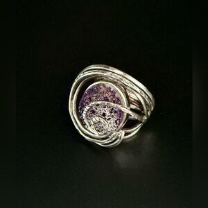 Fascinating Ring of Sterling Silver & Purple Druzy. Unusual & Artistic. Italy.